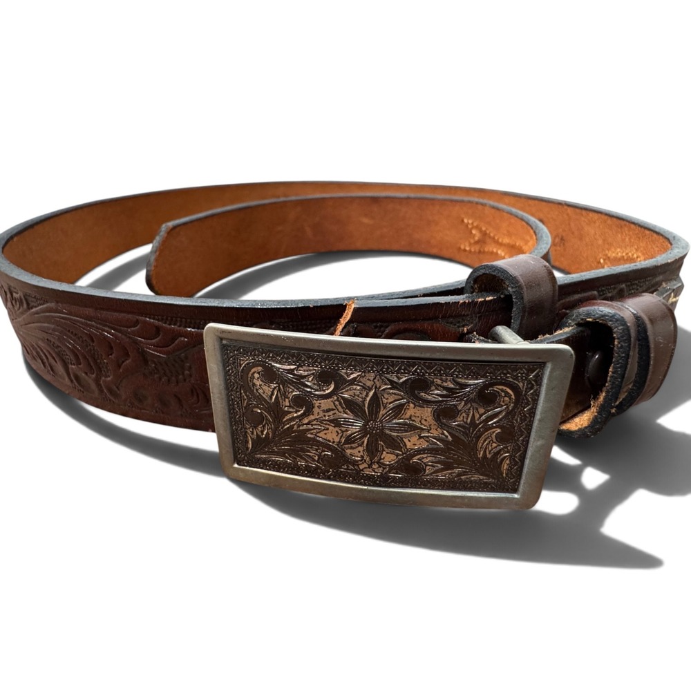 Justin Leather Belt Western Tooled Floral Brown Cowboy Size 40 Top Grain